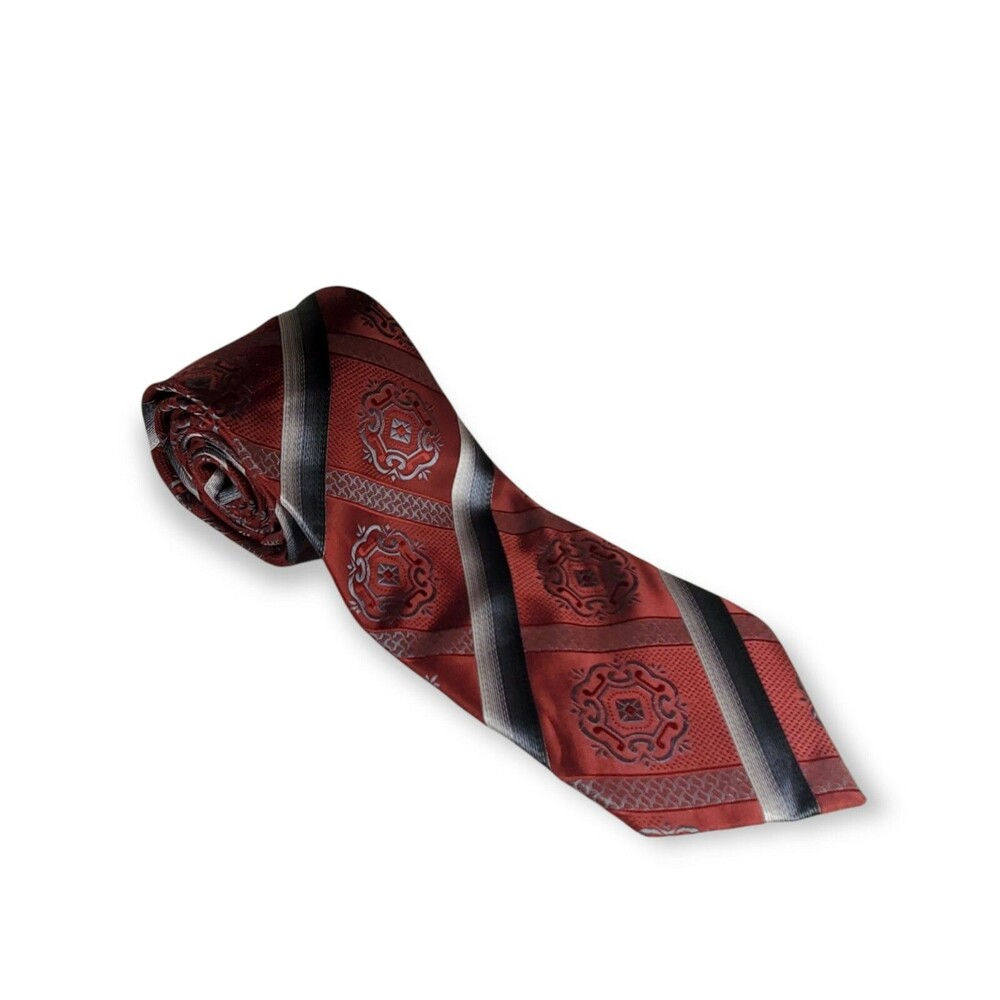 Prime Time by Deion Sanders Neck Tie Maroon, Silver & Black Striped  3.75" x 62"